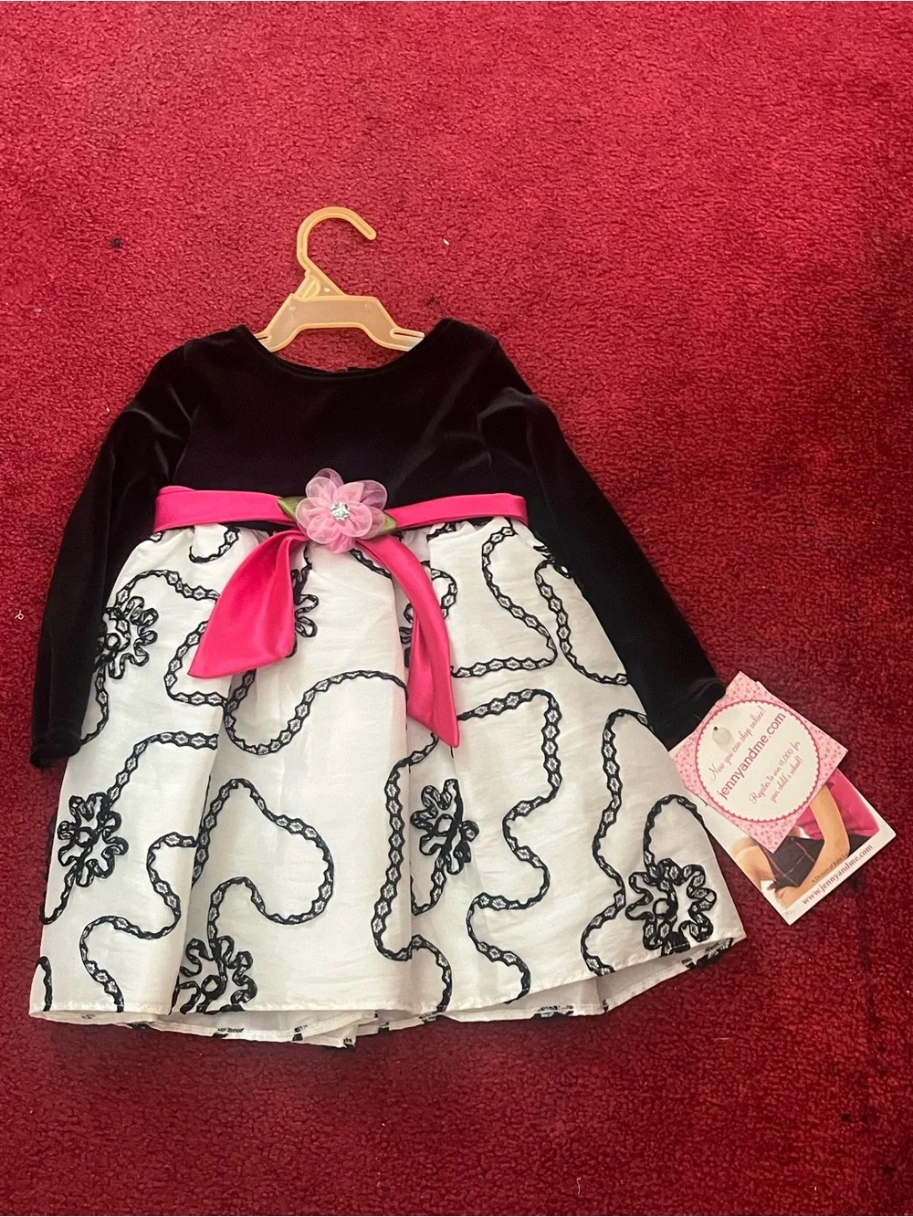 Girls Black & White Velvet Bodice Dress with Pink Sash.